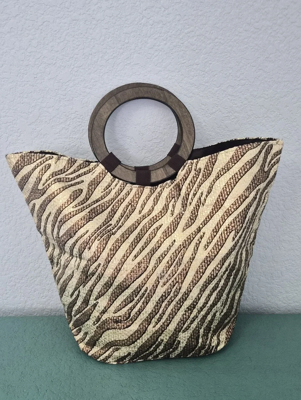 Zebra Print Paper Straw Tote Bag Wooden Handles Safari Boho Casual